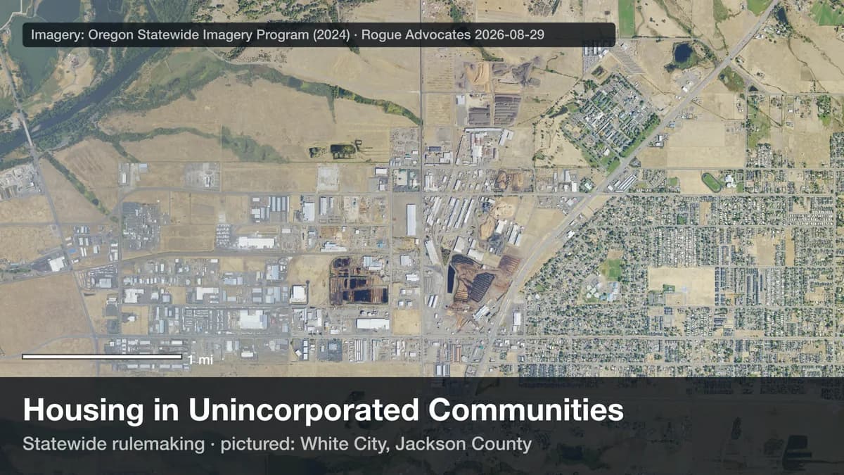 Aerial photo (OSIP 2024) of White City, Jackson County — the only urban unincorporated community in Jackson or Josephine County, and one of 23 communities in the two counties named in the state's Housing in Unincorporated Communities rulemaking. The view holds the residential grid, the industrial core and the surrounding farmland.