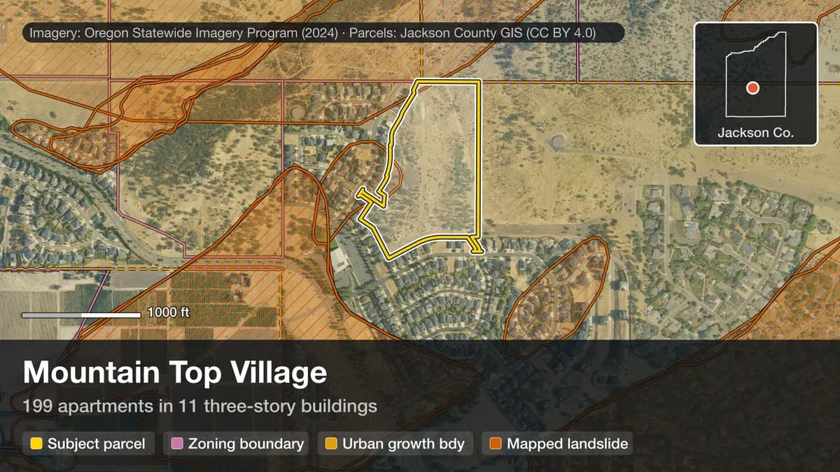 Aerial photo (OSIP 2024) of the 47.84-acre subject parcels — T37S R1W S22 TL 200; T37S R1W S22 TL 200, Jackson County — outlined in yellow.